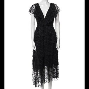 Sandro Bianca Asymmetrical Tiered Ruffle Black Lace Maxi Dress size 0/ 34